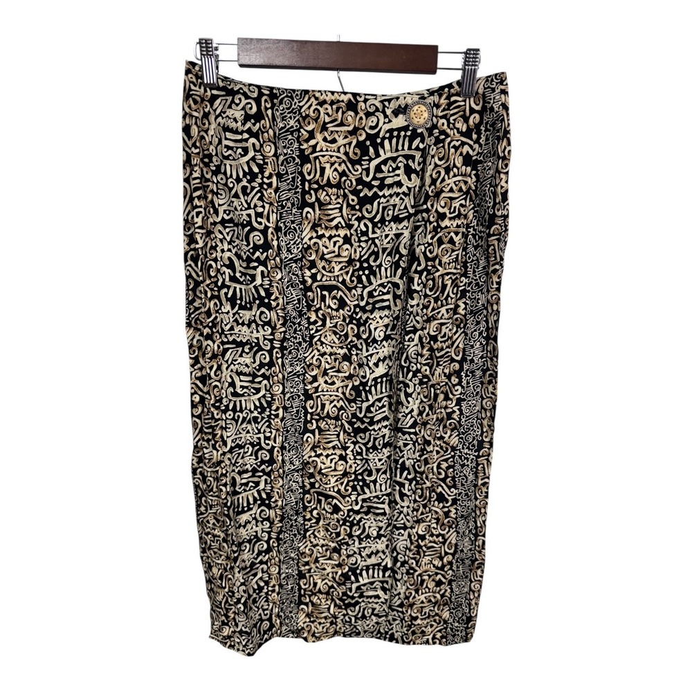 Ninon de‎ Lenclos Vintage Black Beige Abstract Print Rayon Skirt Women's 11/12